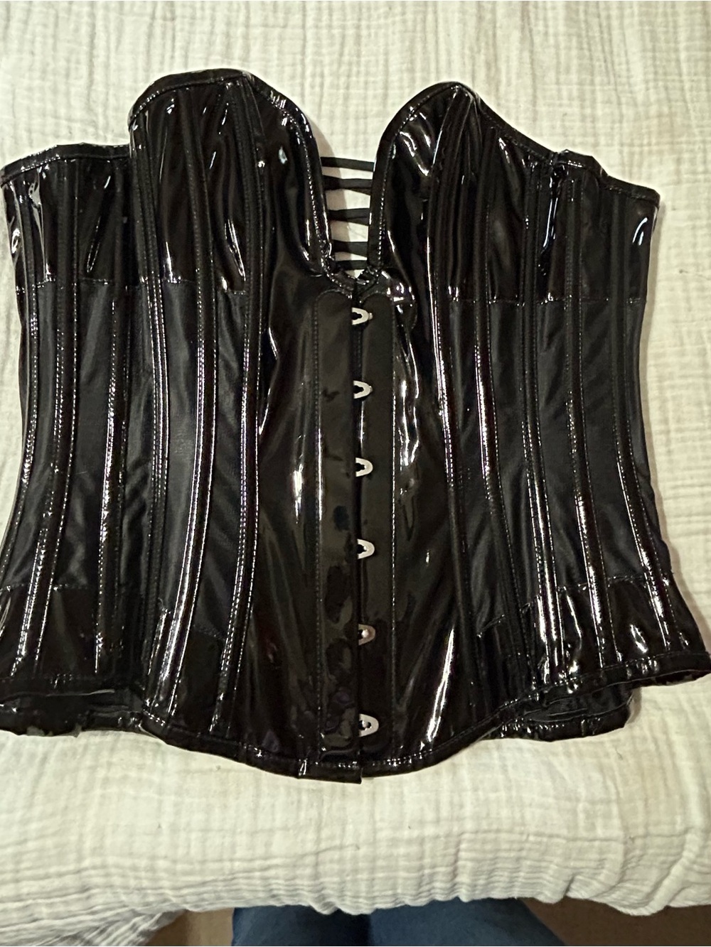 Steel Boned Black PVC Waist Trainer Overbust Corset Story Size 32 Plunge